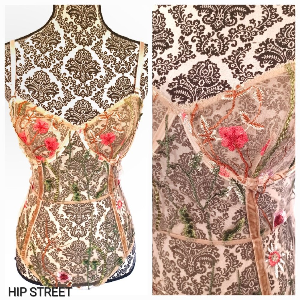 Floral Embroidered Nude Mesh Velvet Ribbon Underwire Bodysuit 2XL NWOT